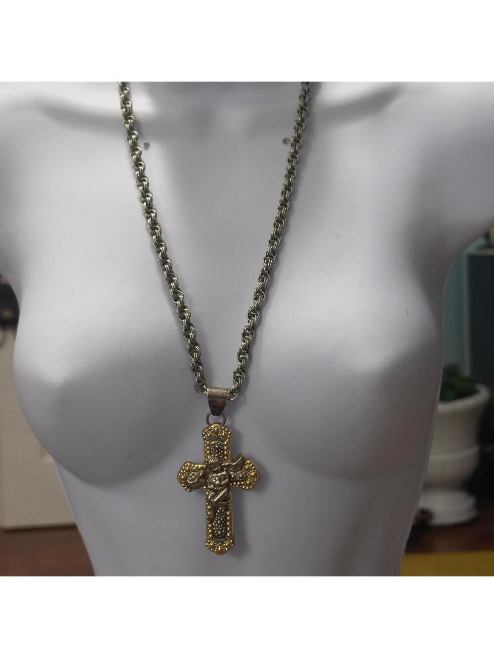 vintage Gold and silvertone unsigned cherub cross necklace  #religious #jewelry